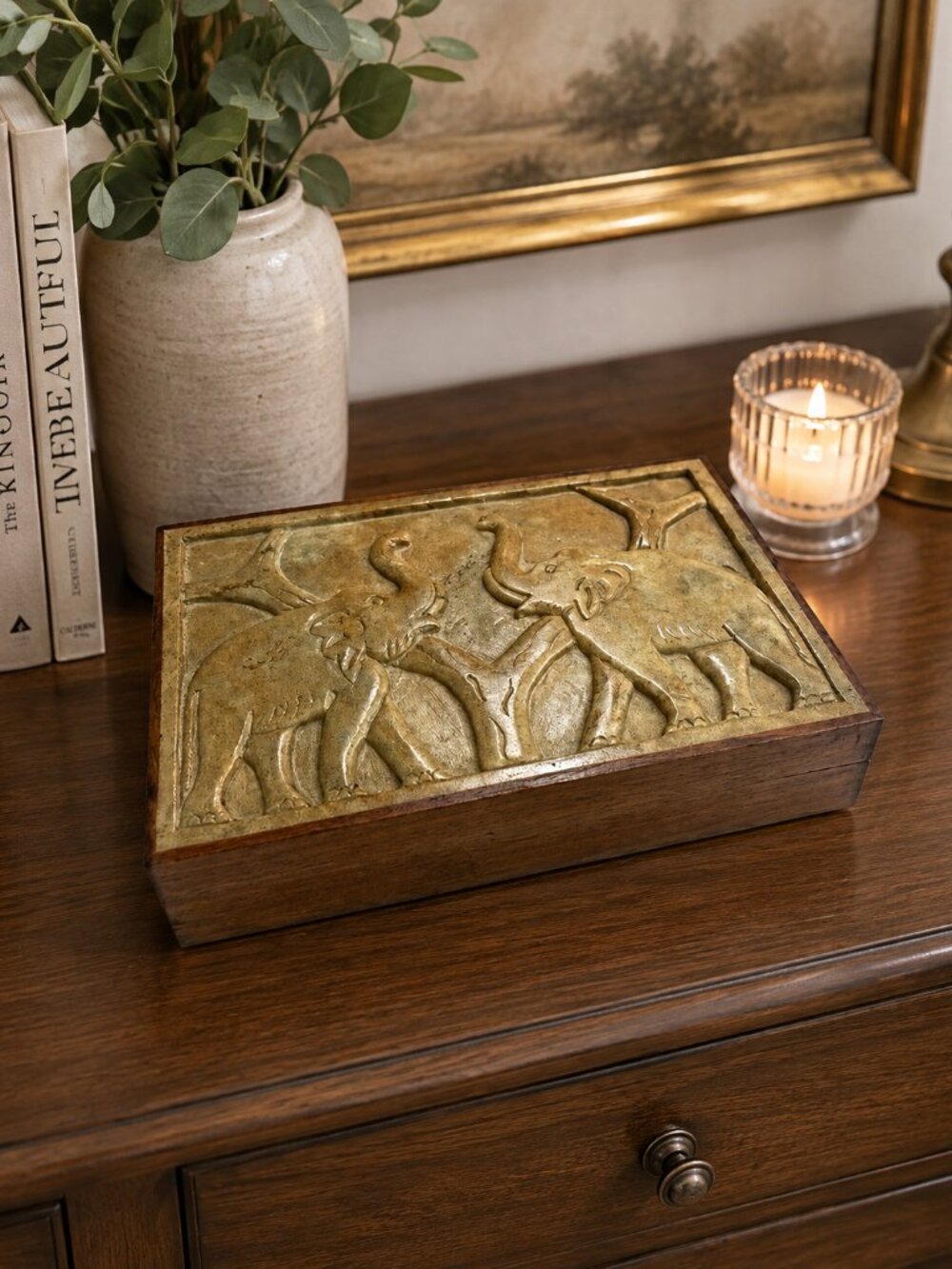 VTG Hand Carved Elephant Wooden Trinket Box Stone Inlay Safari Boho Decor 6"